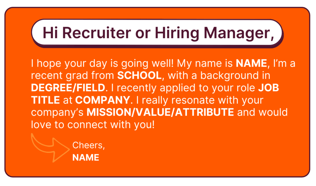 LinkedIn message template for contacting a recruiter or hiring manager, including sections for name, school, degree, job title, company, and company values.