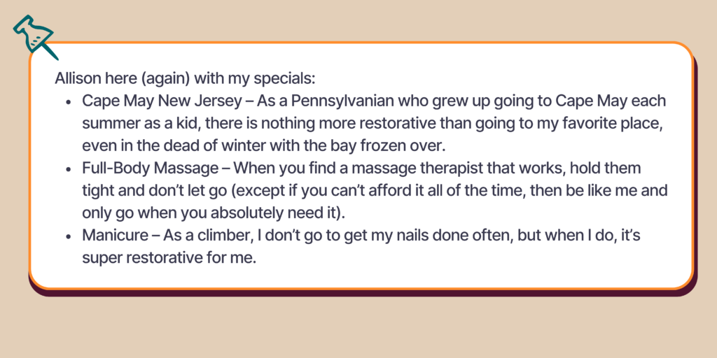 These are the writer's Dopamine Menu specials: visiting Cape May, NJ, getting a full-body massage, and getting a manicure. 