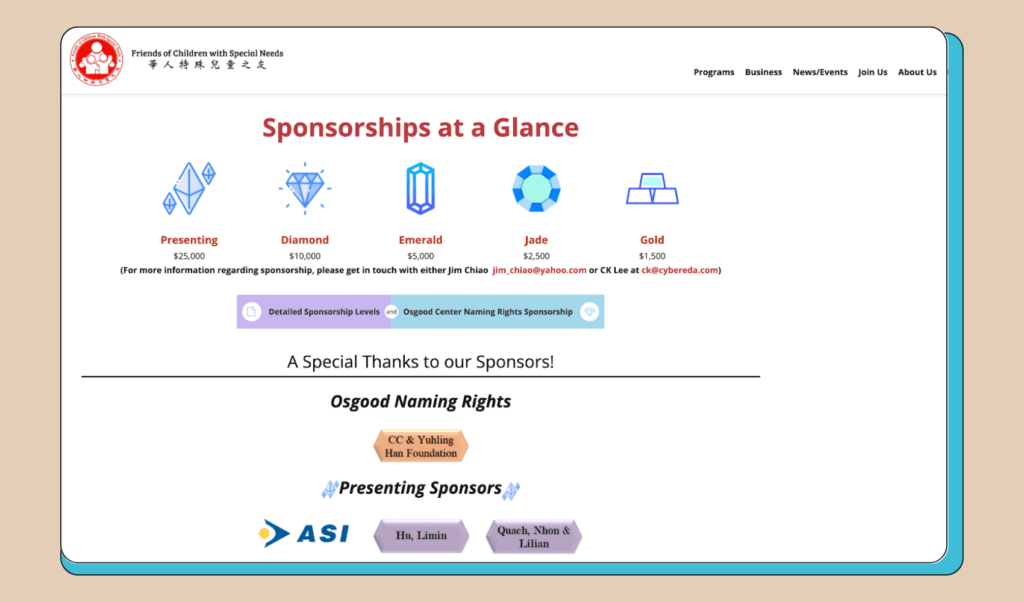 Image of Selina's Friends of Children with Special Needs website. 
