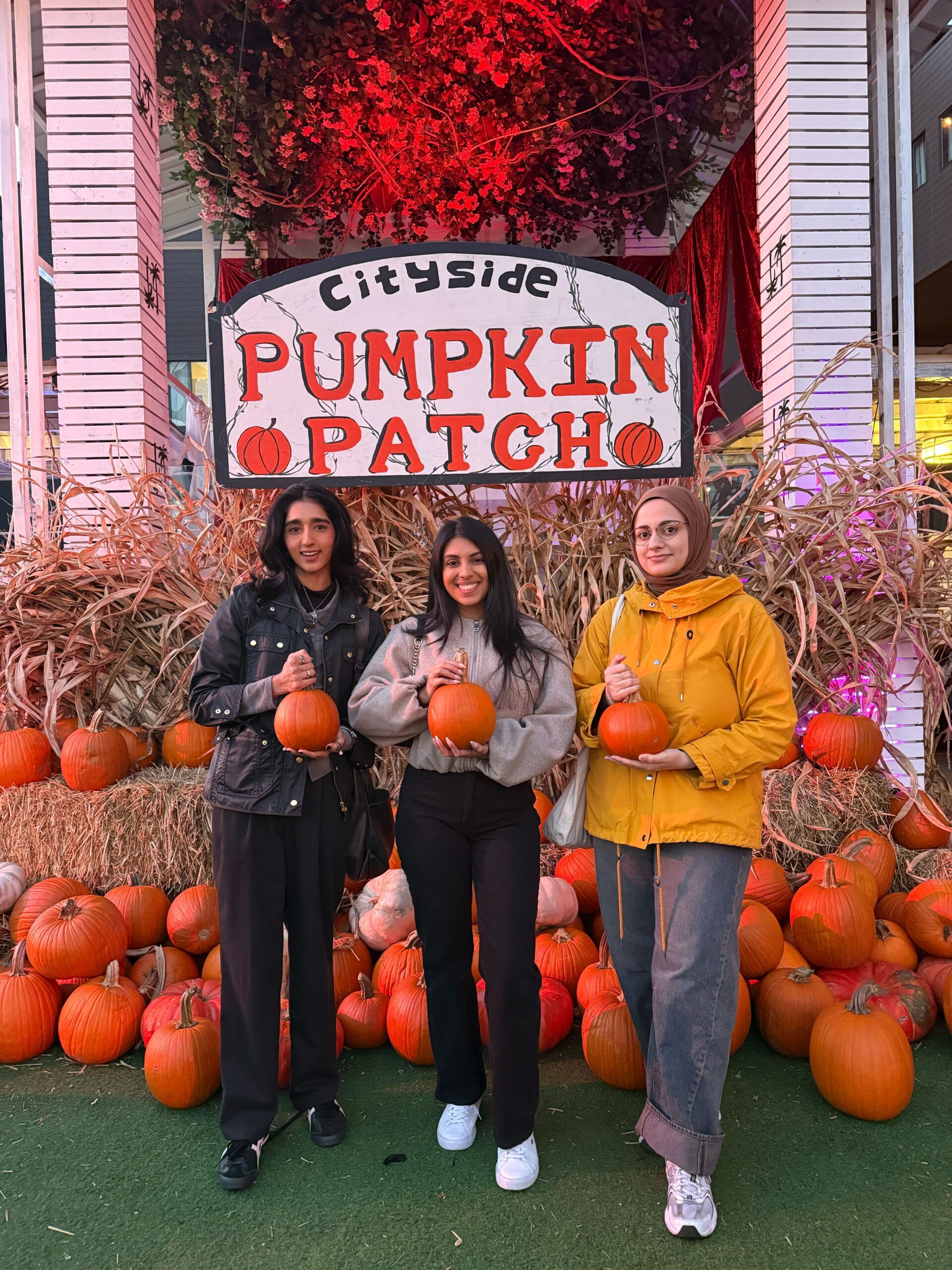 Group of early career women posing at a pumpkin patch