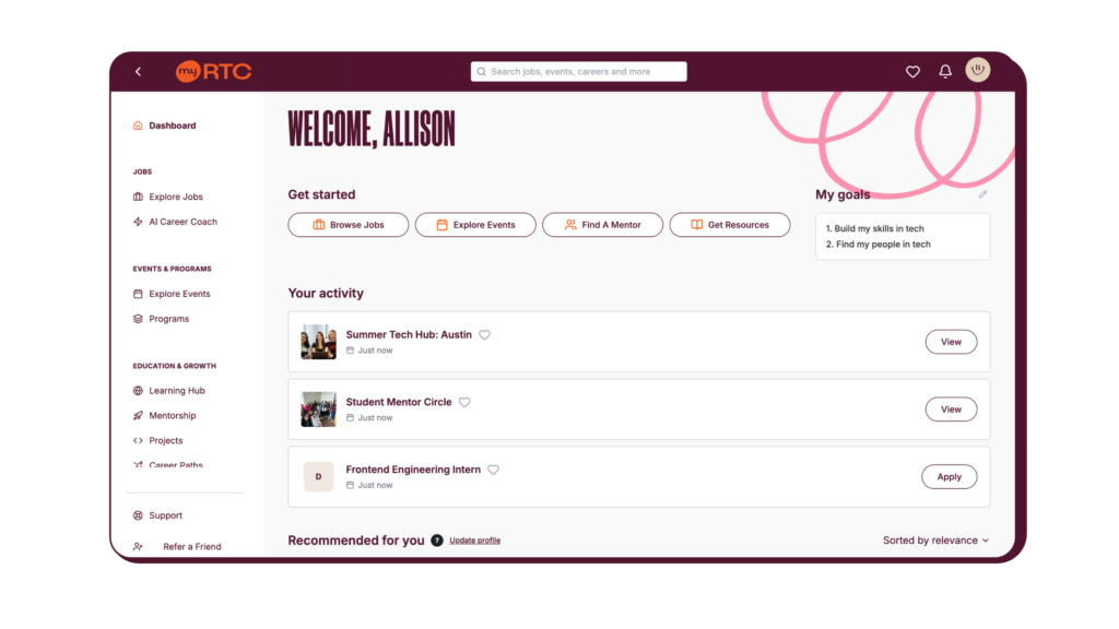 Showcases the new RTC platform with the myRTC logo and sections related to jobs, events & programs, educations & growth, support.